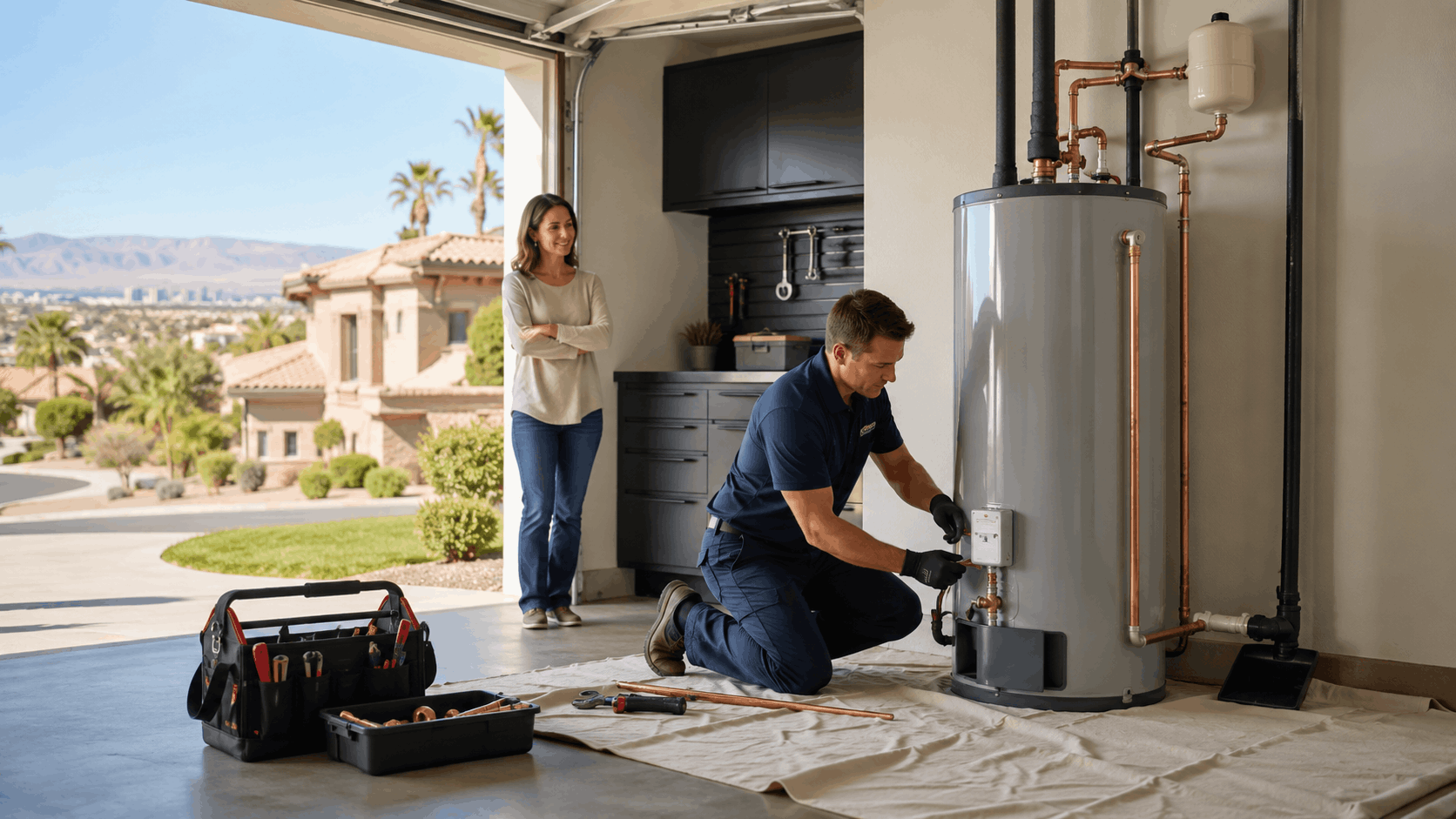 Licensed plumber servicing water heater in Las Vegas garage while homeowner watches