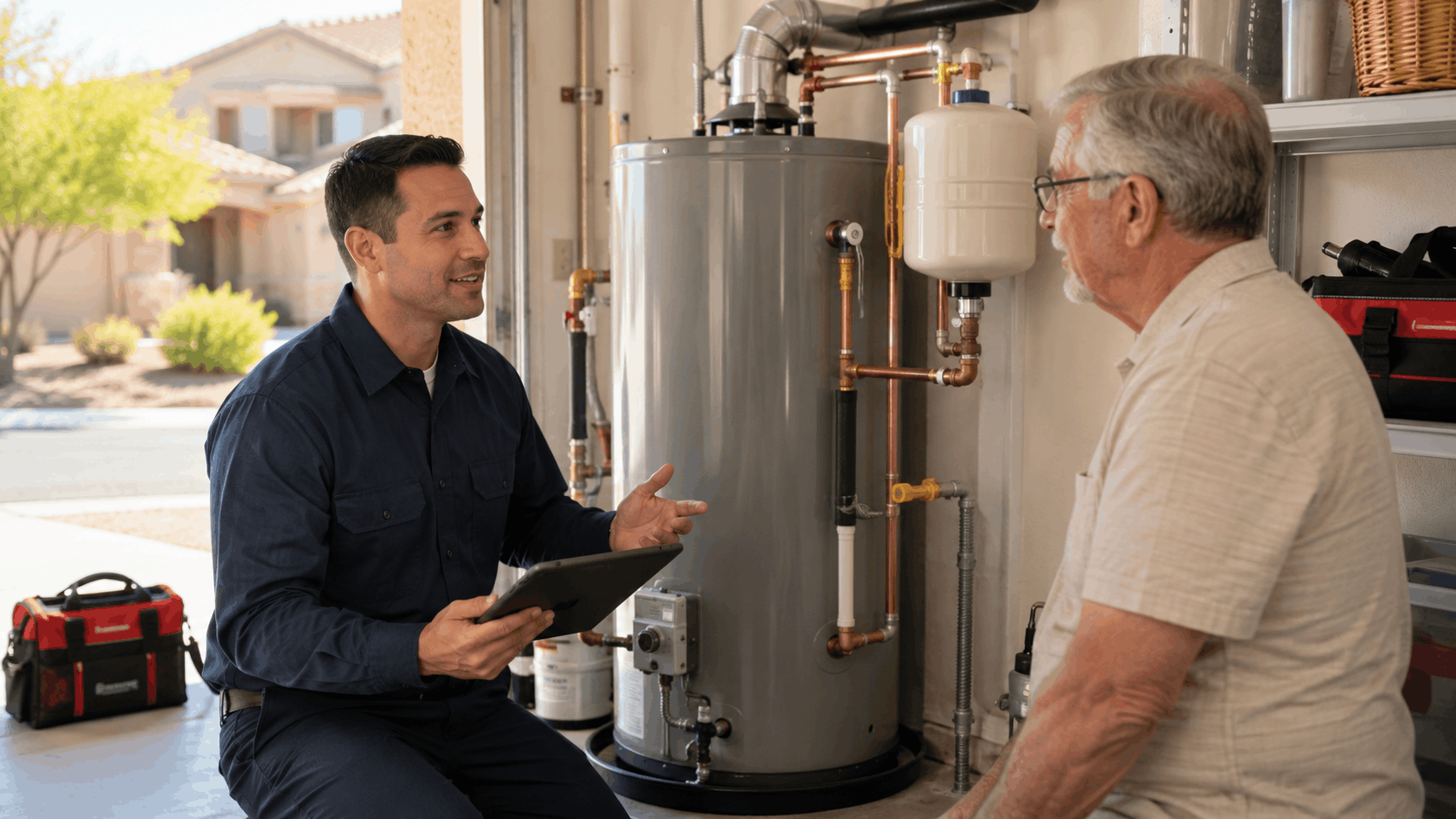 Plumber showing tablet to senior homeowner beside water heater with copper pipes