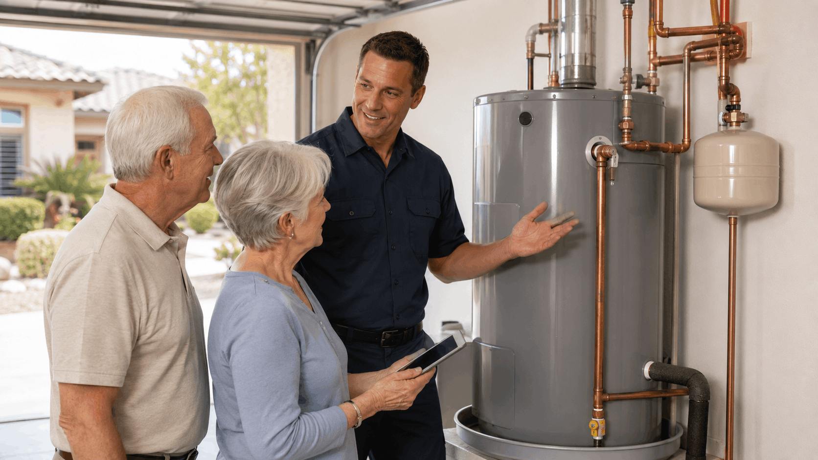 Plumber explaining water heater system to senior couple in garage