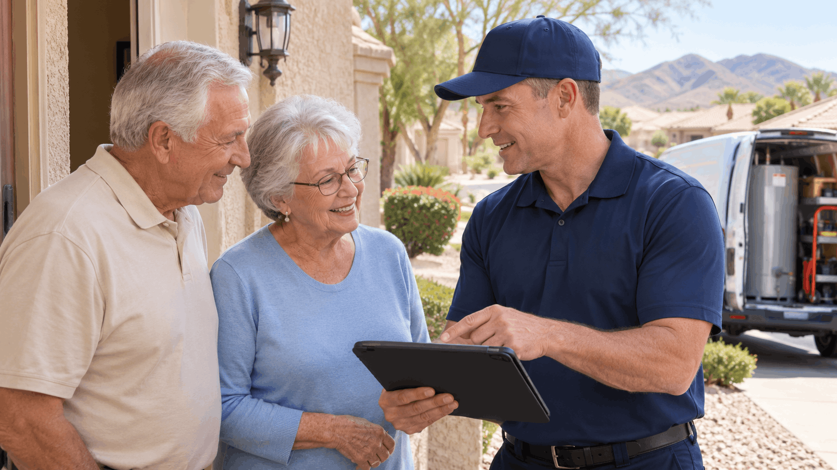 Henderson plumber showing tablet to senior couple at desert home doorstep
