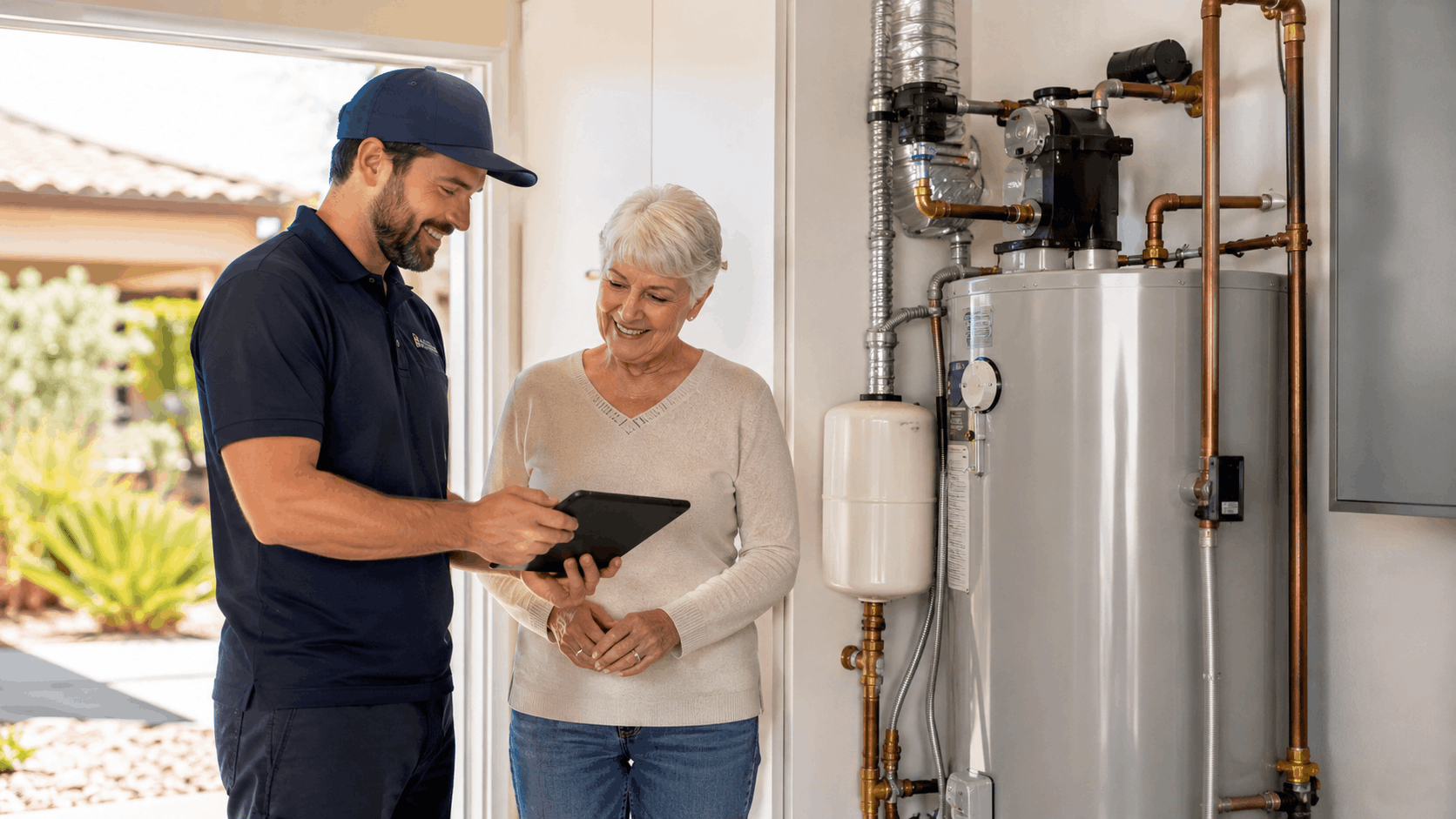 Plumber showing water heater inspection results to smiling senior homeowner on tablet