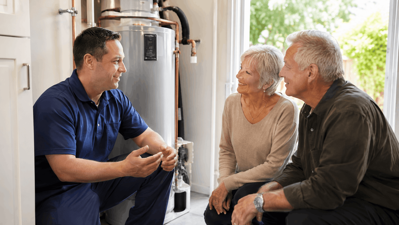 Plumber in blue uniform discussing water heater with senior couple in Las Vegas home