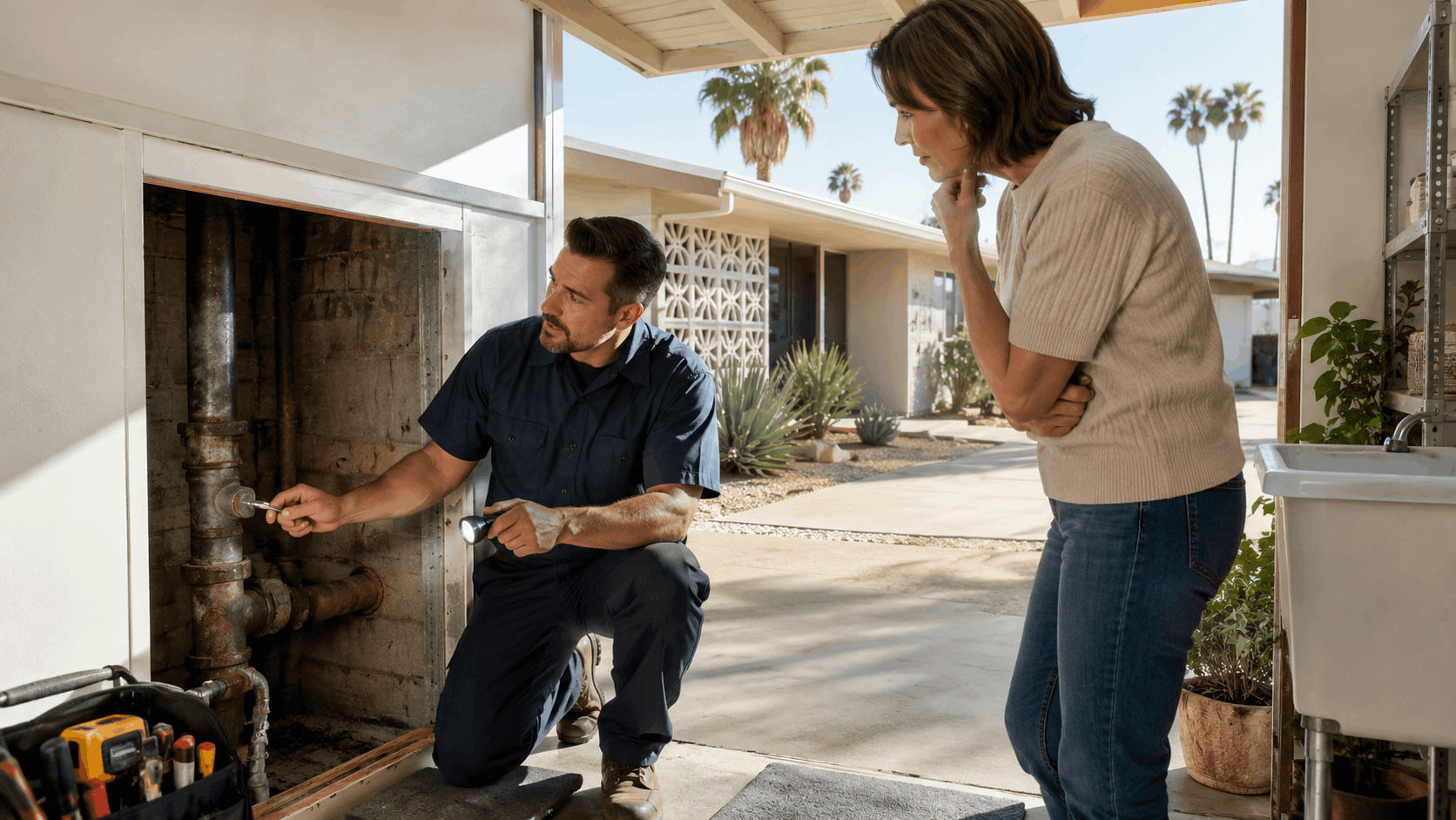 Plumber inspecting corroded cast iron pipes in Las Vegas home exterior access panel