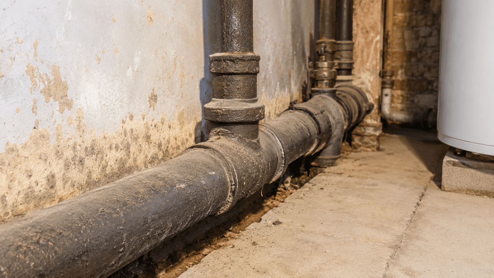 Aging cast iron sewer pipes along basement wall with water damage and mold