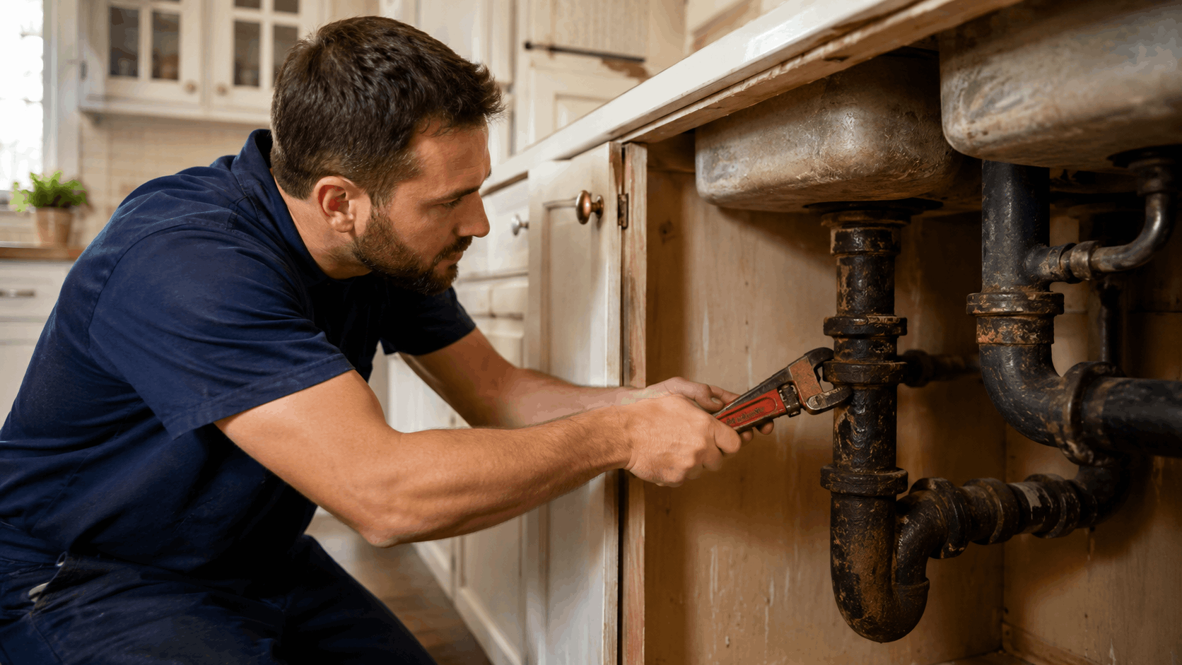 Plumber using pipe wrench to repair aging corroded drain pipes under kitchen sink