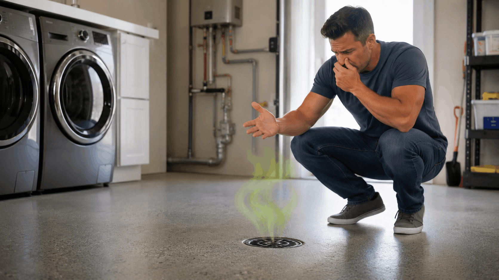Man crouching near smelly floor drain in laundry room with washer and dryer