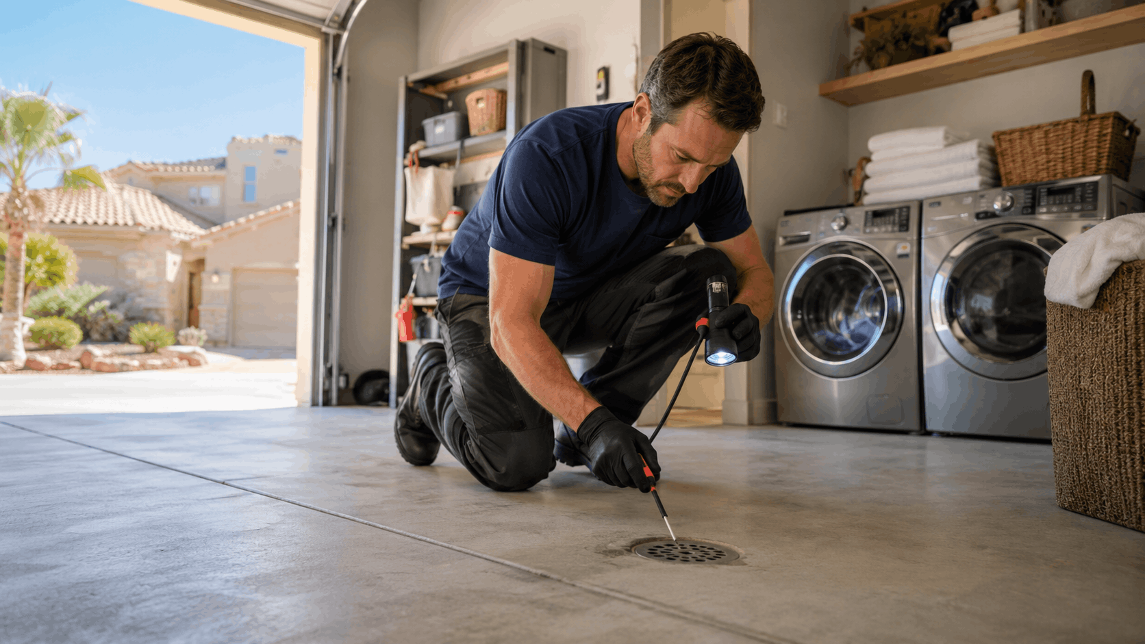 Plumber inspecting garage floor drain with flashlight and tool in Las Vegas home