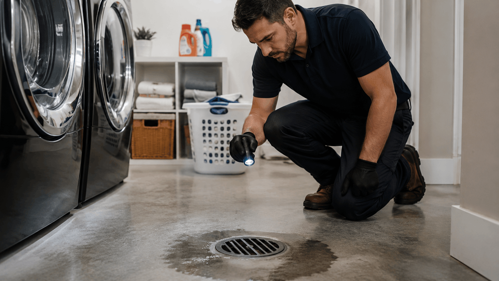 Plumber inspecting floor drain with flashlight in Las Vegas laundry room