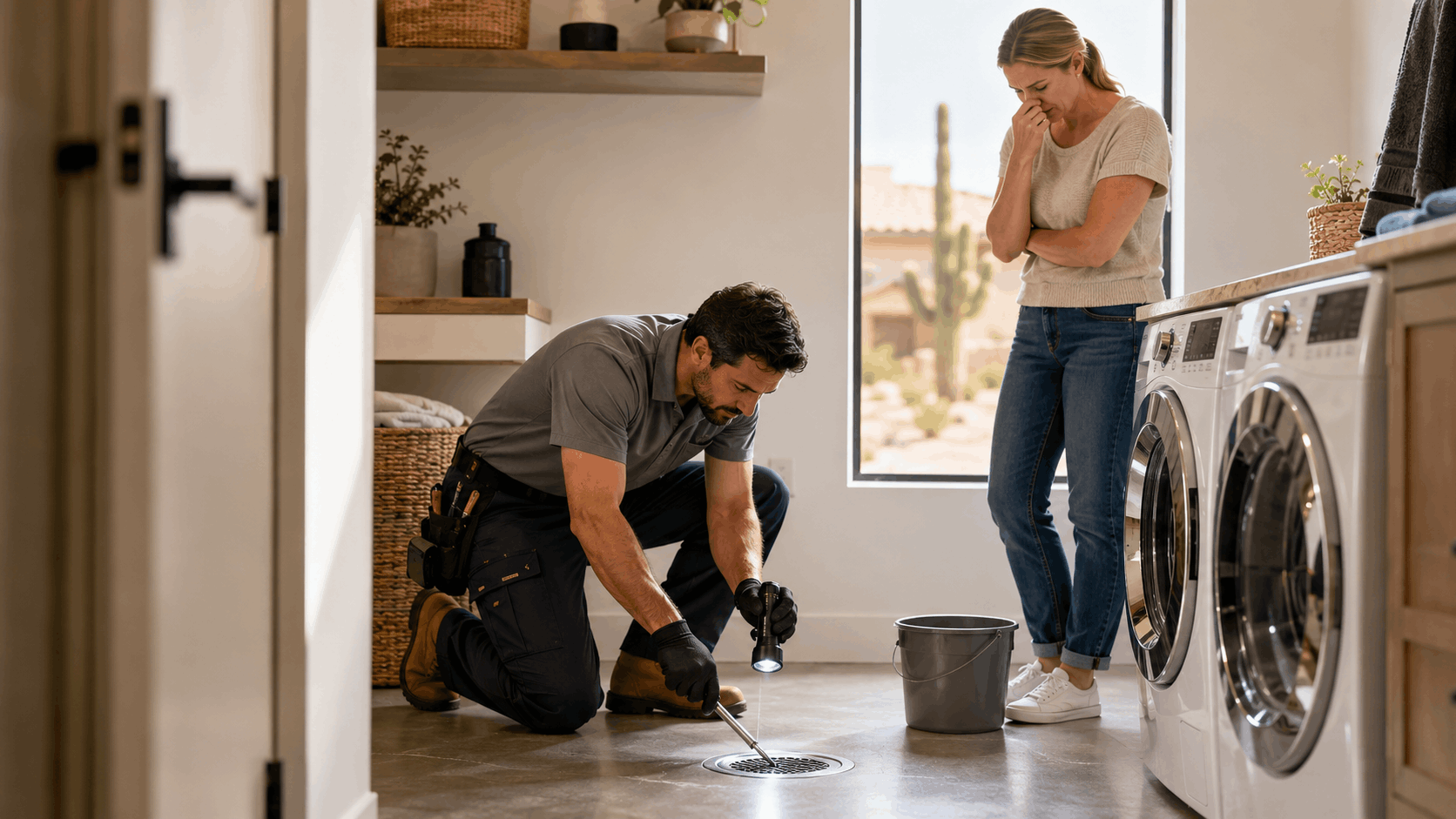 Plumber inspecting floor drain in Las Vegas laundry room while homeowner watches concerned