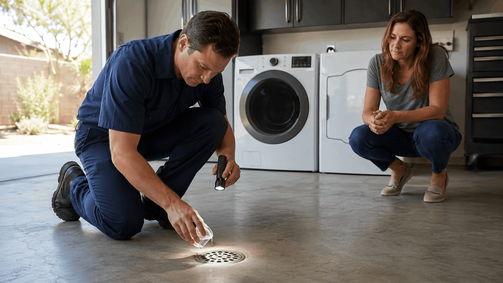 Las Vegas plumber inspecting floor drain with flashlight while homeowner watches nearby