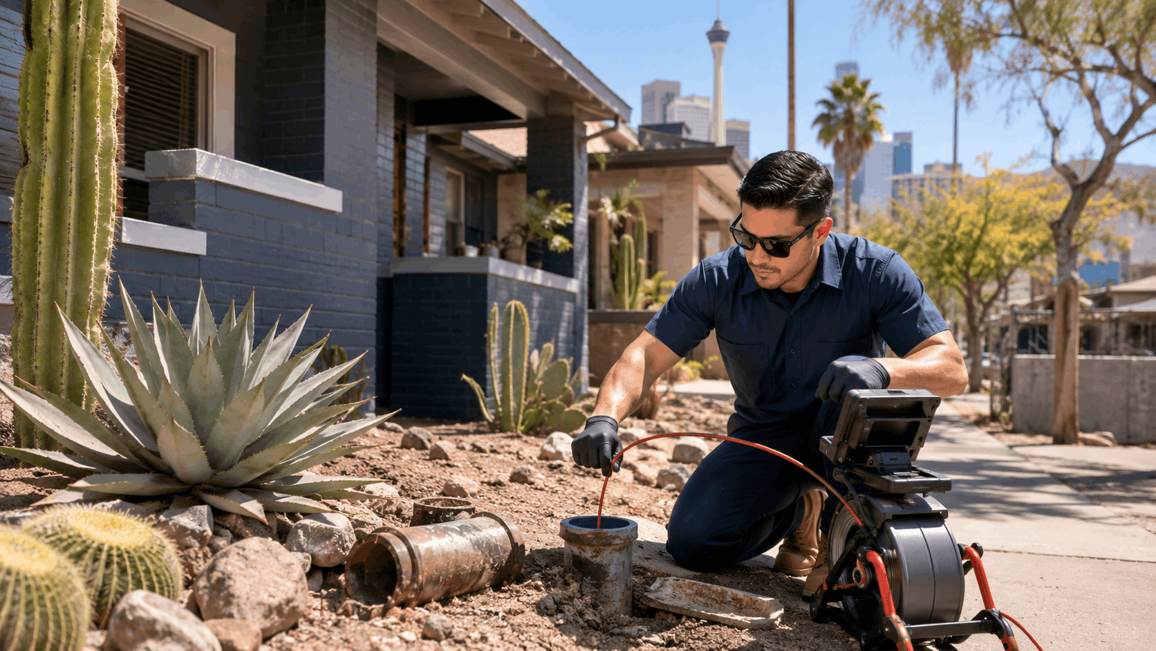 Plumber performing sewer camera inspection on older drain line in Las Vegas neighborhood