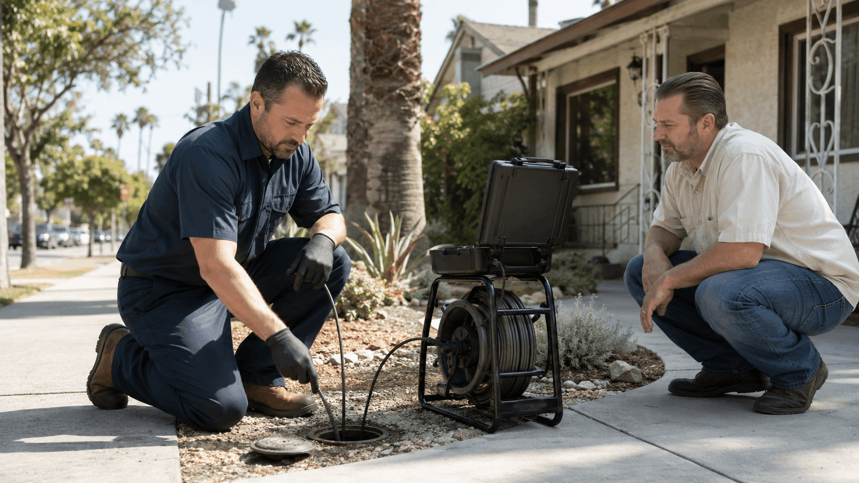 Plumber inserting sewer camera snake into drain cleanout outside Las Vegas home