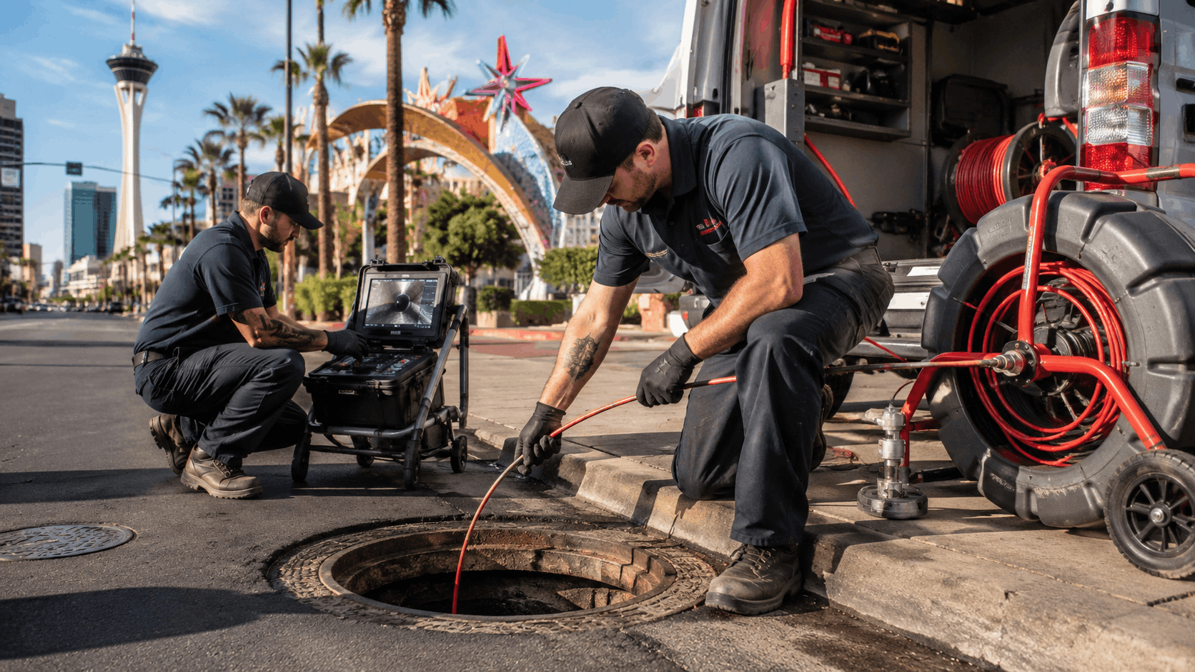 Two plumbers using sewer camera inspection equipment at Las Vegas Strip manhole
