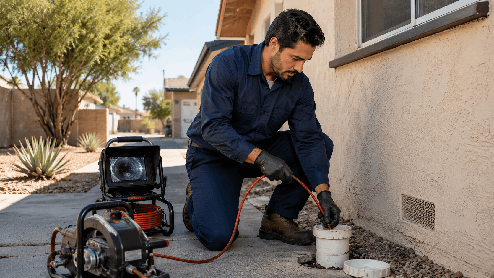 Plumber using sewer camera inspection equipment outside Las Vegas home foundation