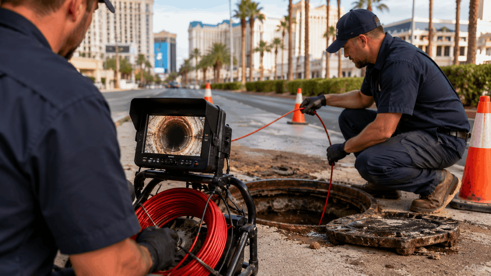Two plumbers using sewer camera inspection equipment at Las Vegas Strip manhole
