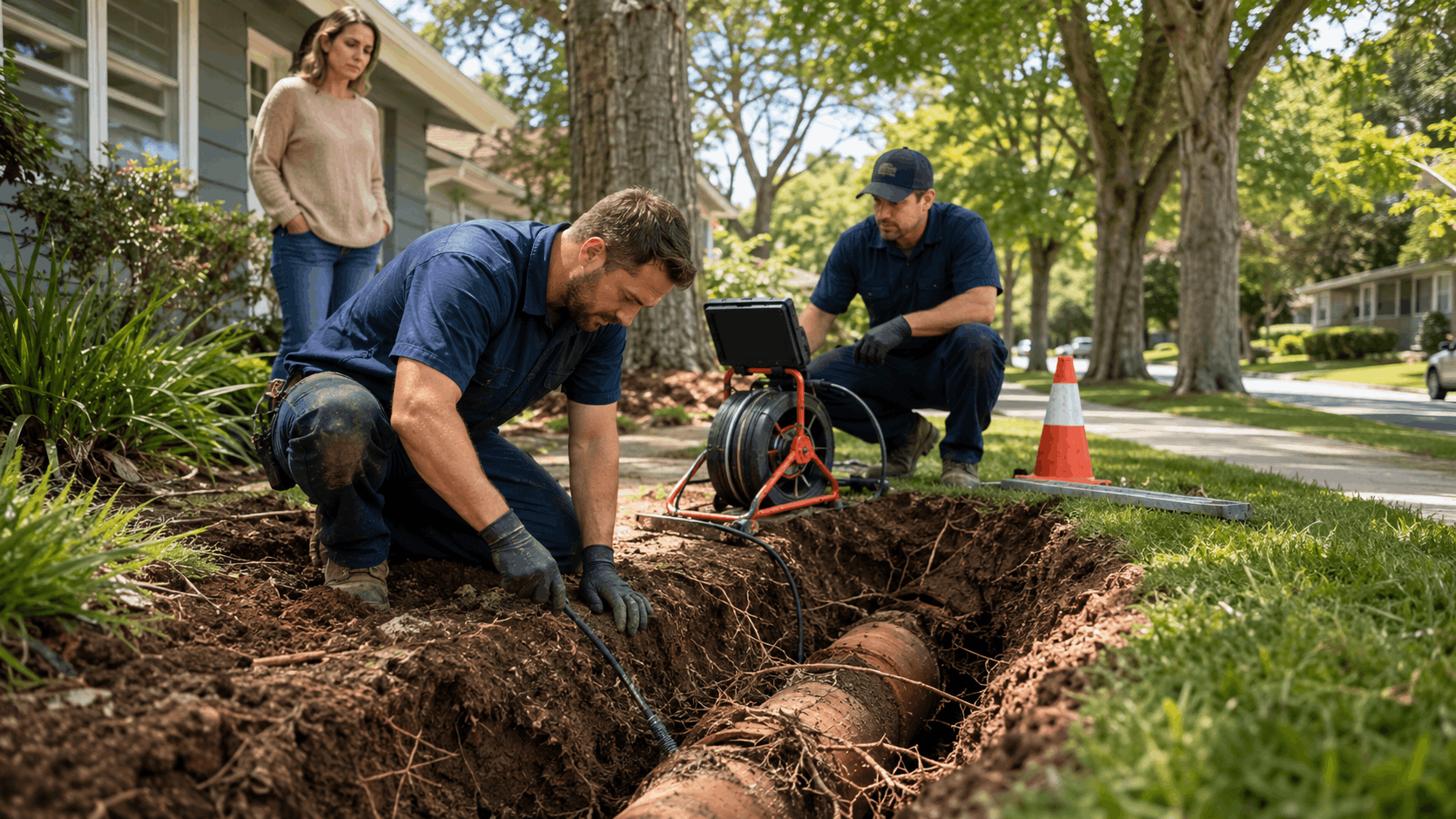 Two plumbers using camera inspection equipment to diagnose root intrusion in residential sewer line