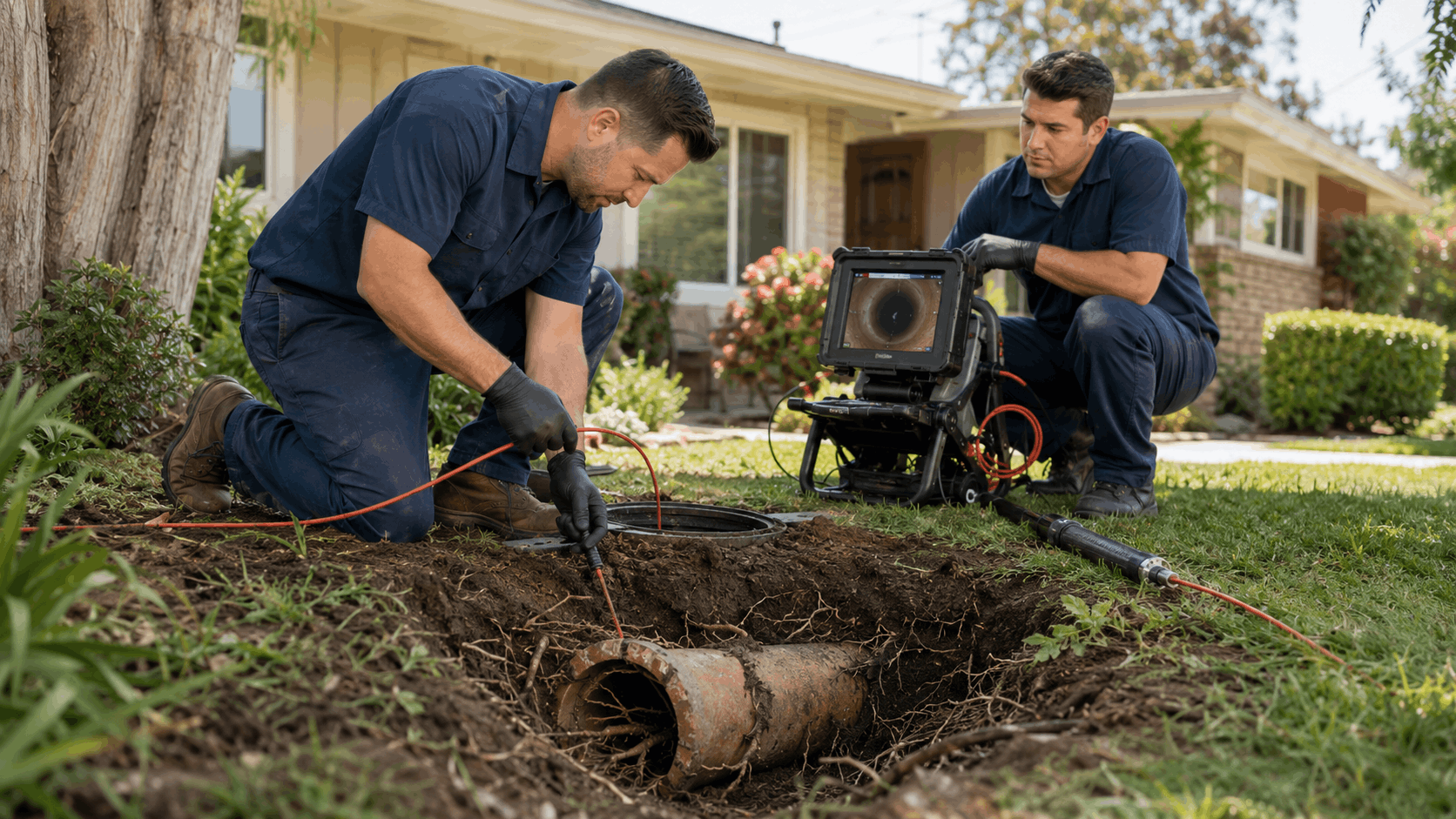 Two plumbers performing sewer camera inspection on root-damaged pipe in residential yard