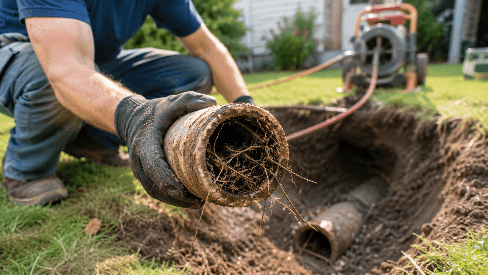 Plumber holding root-clogged sewer pipe removed from excavated trench during repair
