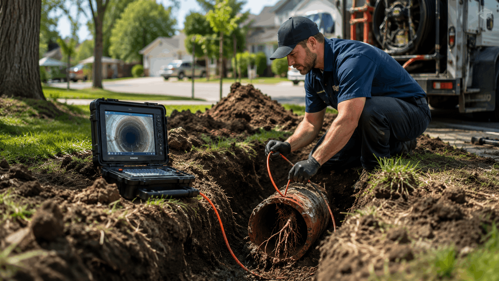Plumber performing sewer camera inspection on excavated pipe with root intrusion