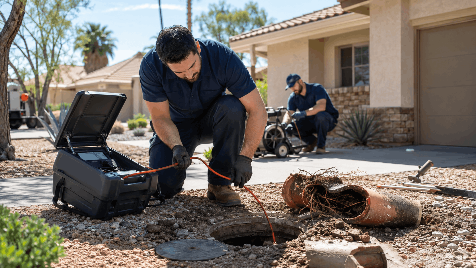Plumber inserting sewer camera into cleanout access point at Las Vegas home