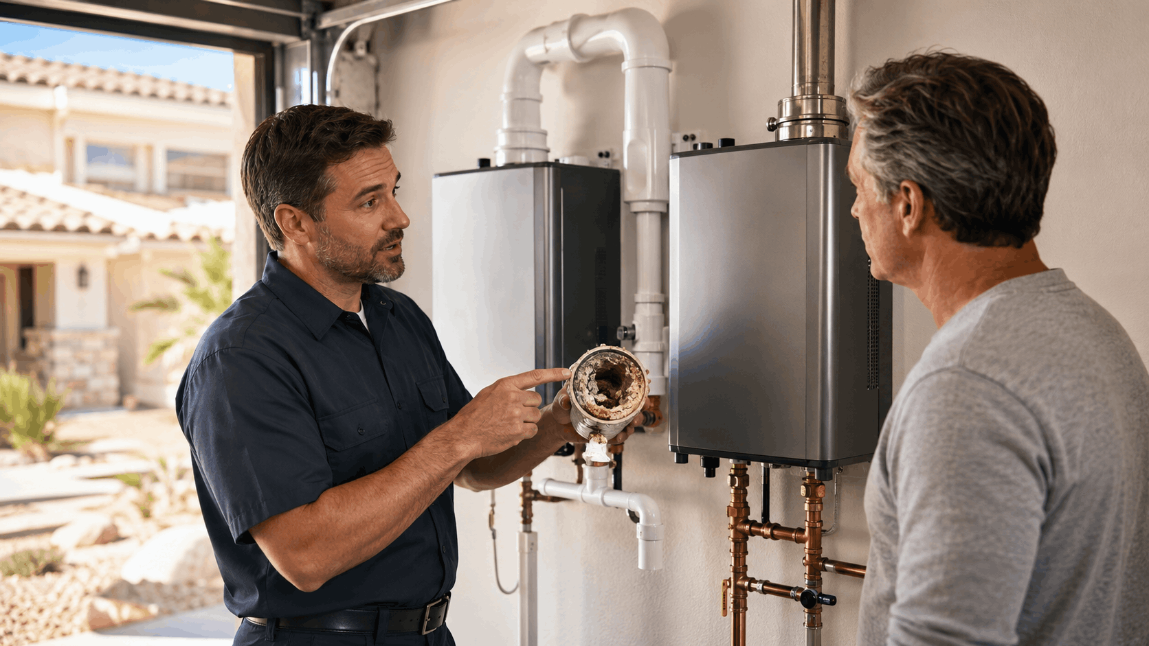 Plumber showing homeowner corroded tankless water heater component in Las Vegas garage