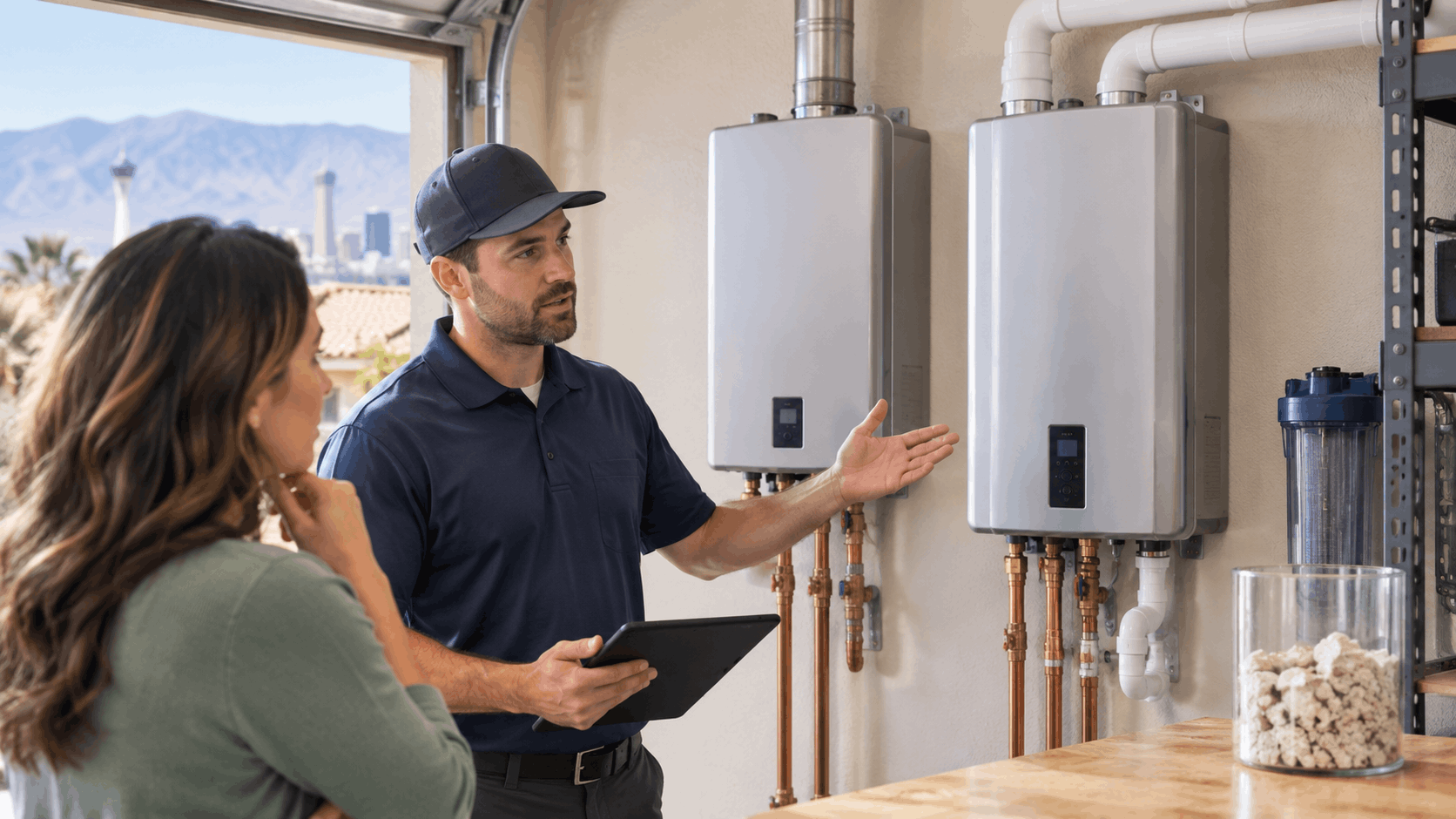 Las Vegas plumber explaining tankless water heater installation costs to homeowner in garage