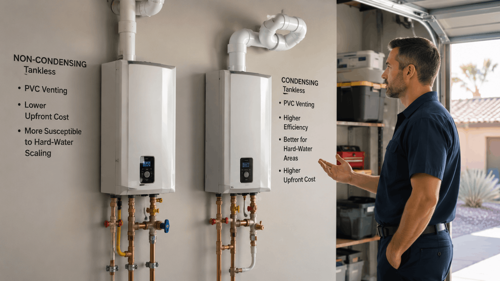 Plumber comparing condensing vs non-condensing tankless water heaters installed in Las Vegas garage