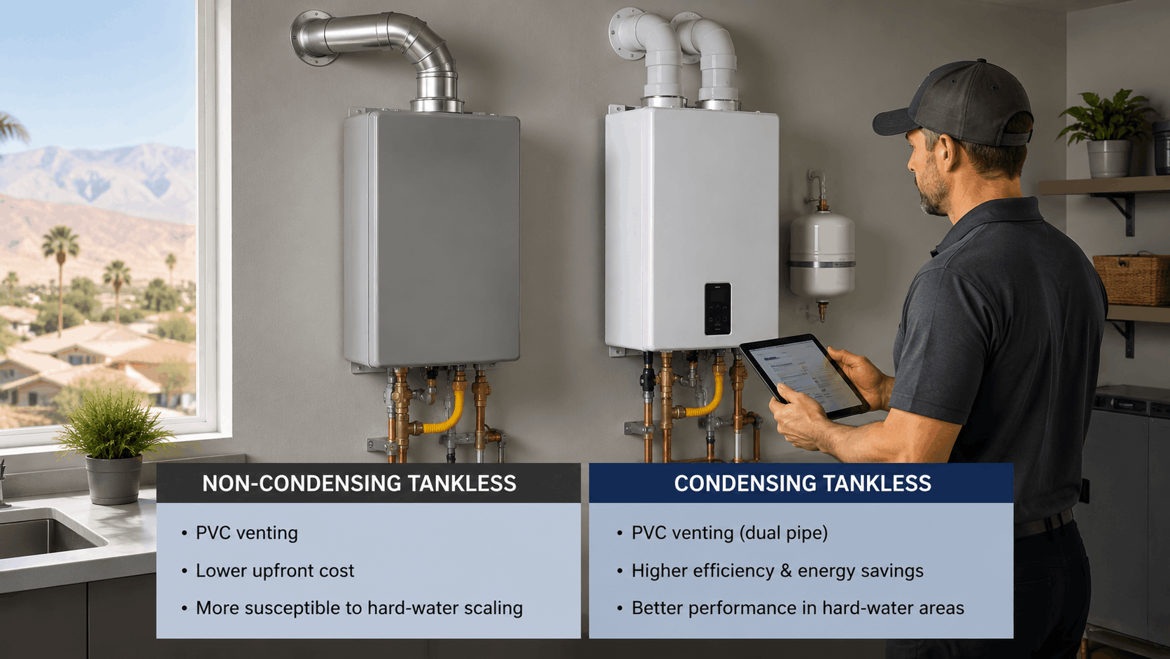 Comparison of non-condensing and condensing tankless water heaters installed in Las Vegas home