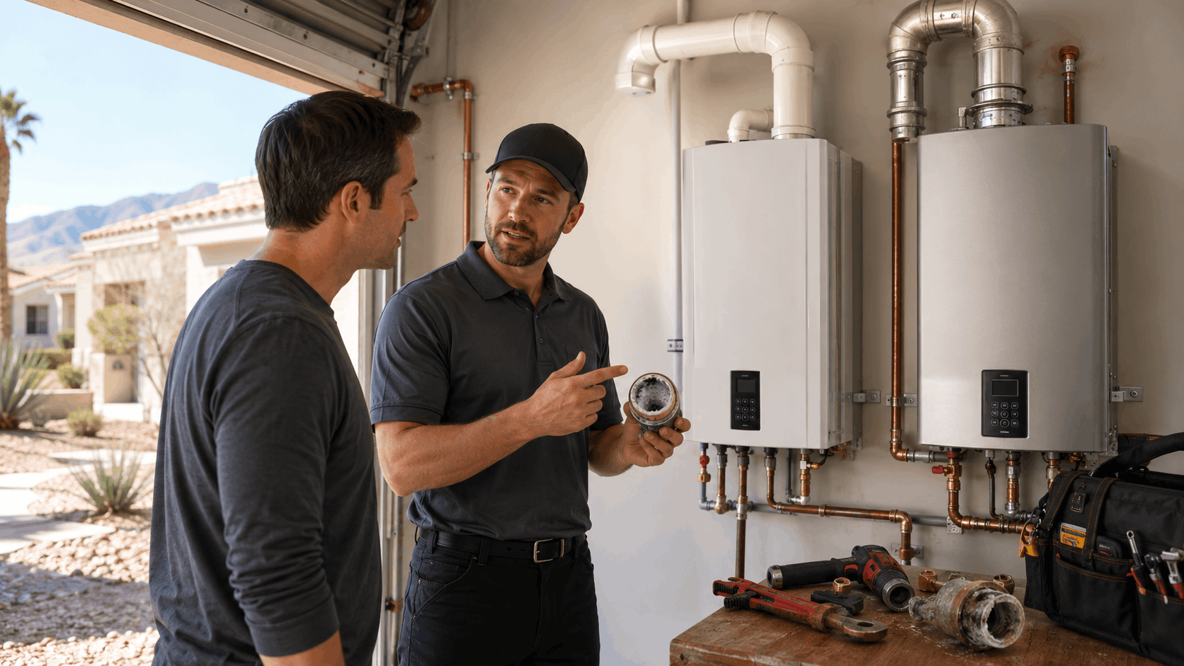 Plumber explaining tankless water heater issues to Las Vegas homeowner in garage