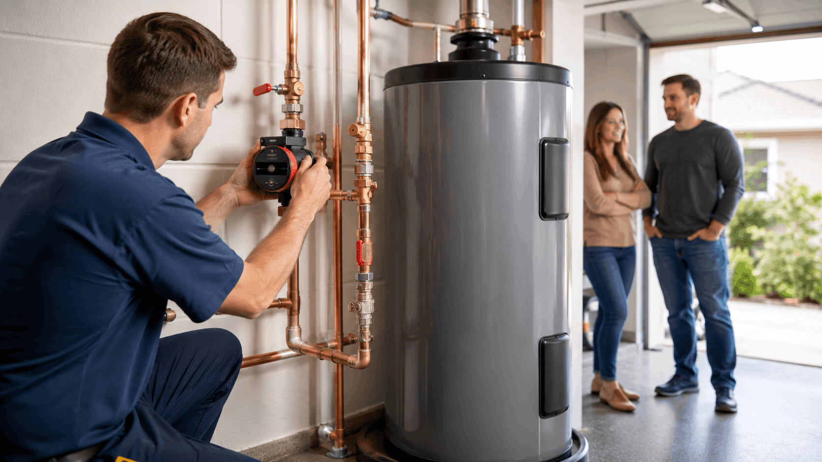 Plumber installing water heater with copper pipes while homeowners watch in garage