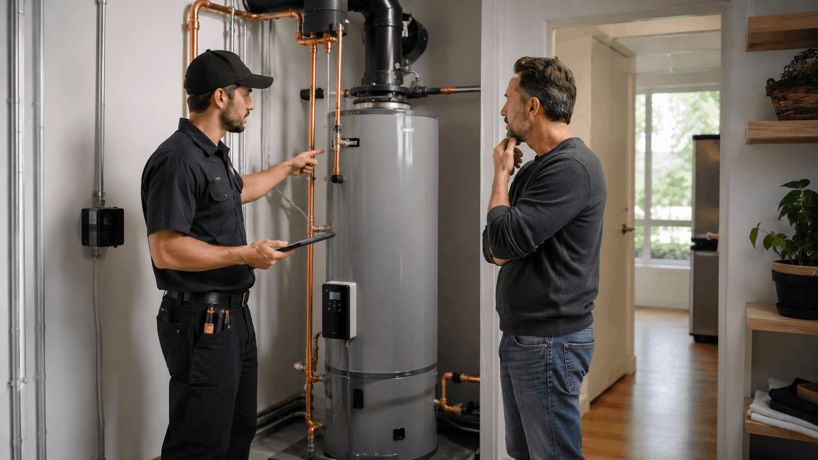 Plumber explaining hot water recirculation system with copper pipes to homeowner