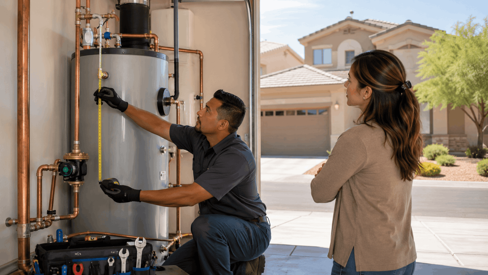 Plumber measuring water heater with copper pipes in Las Vegas garage with homeowner watching