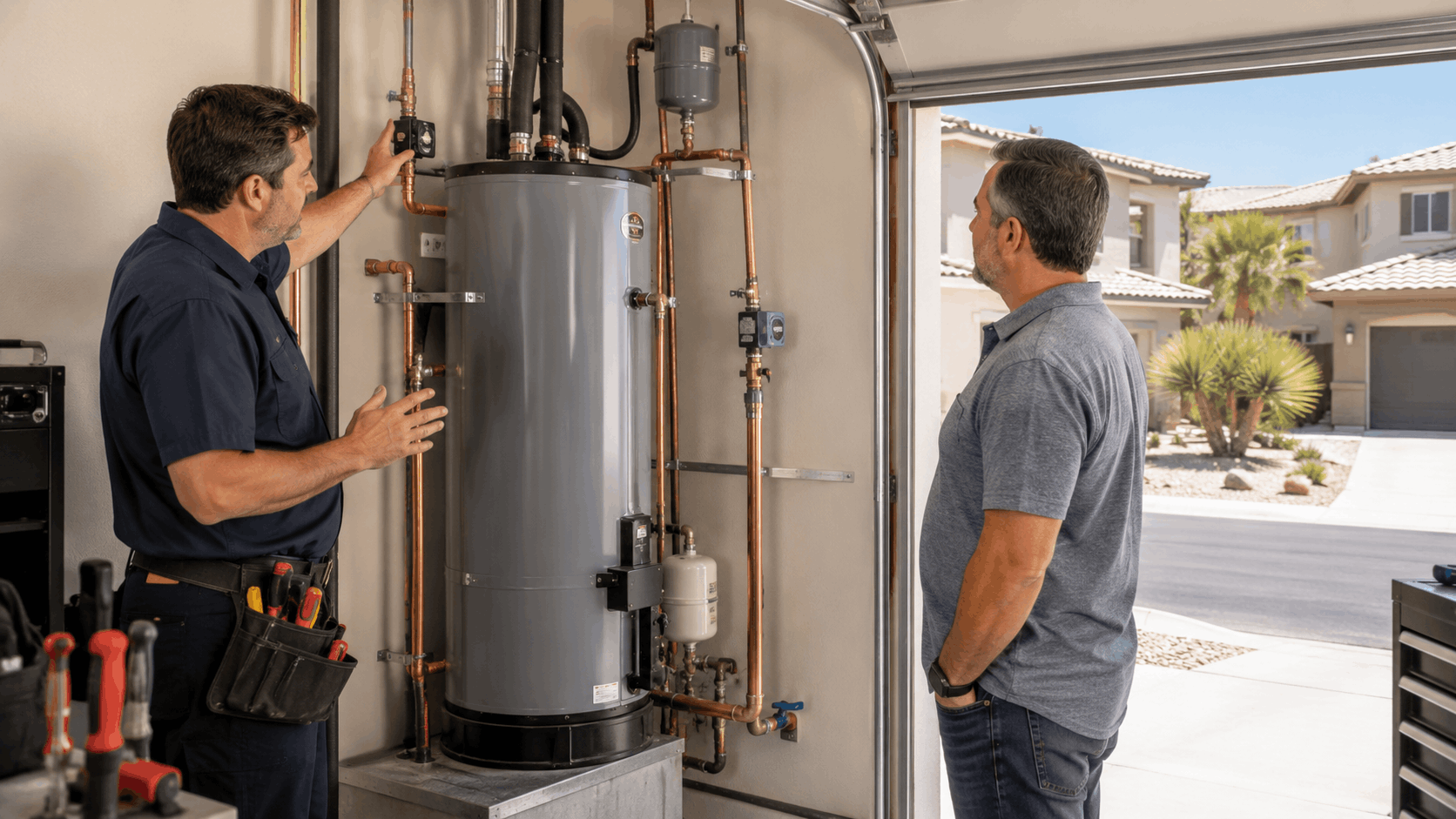 Plumber explaining water heater installation costs to Las Vegas homeowner in garage