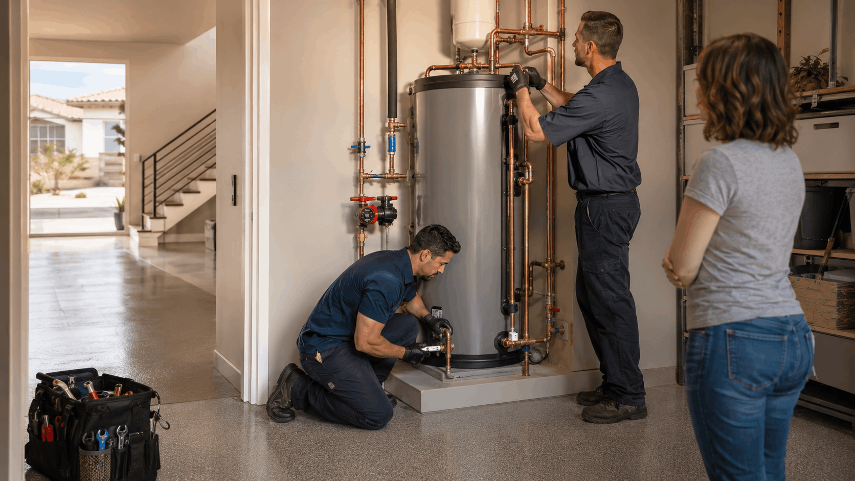 Two plumbers installing a water heater in a Las Vegas home while homeowner watches