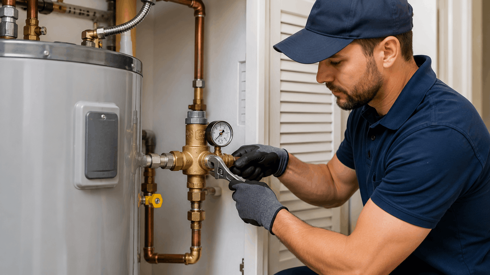 Plumber adjusting brass water pressure regulator valve on residential water heater