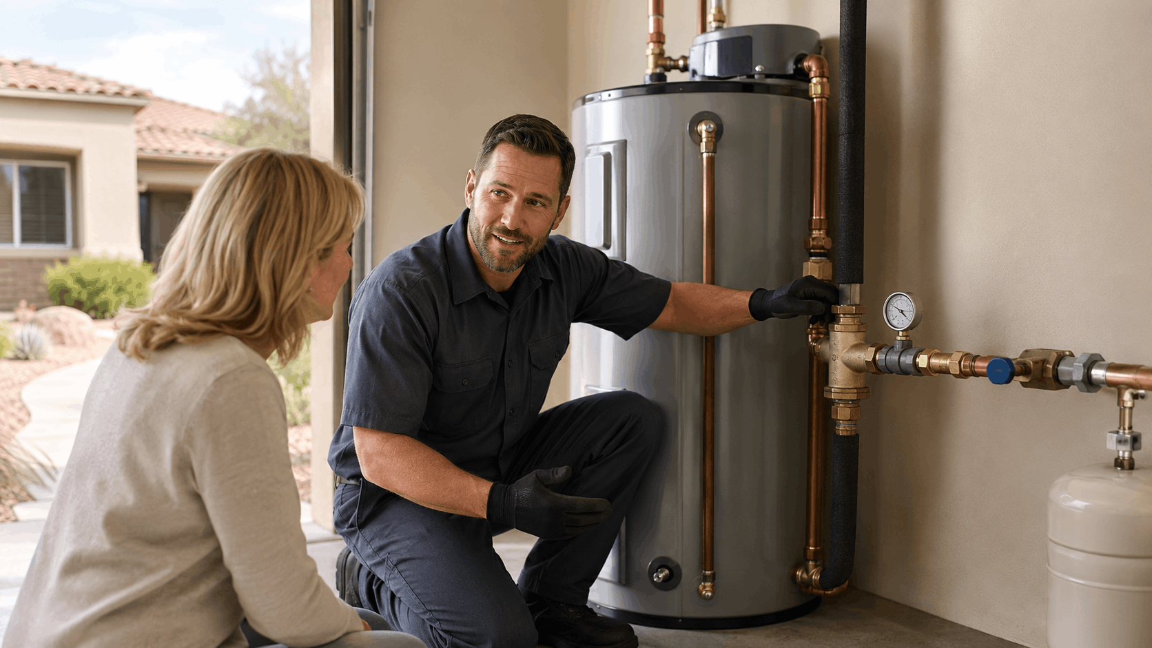 Plumber explaining pressure reducing valve installation to homeowner beside water heater