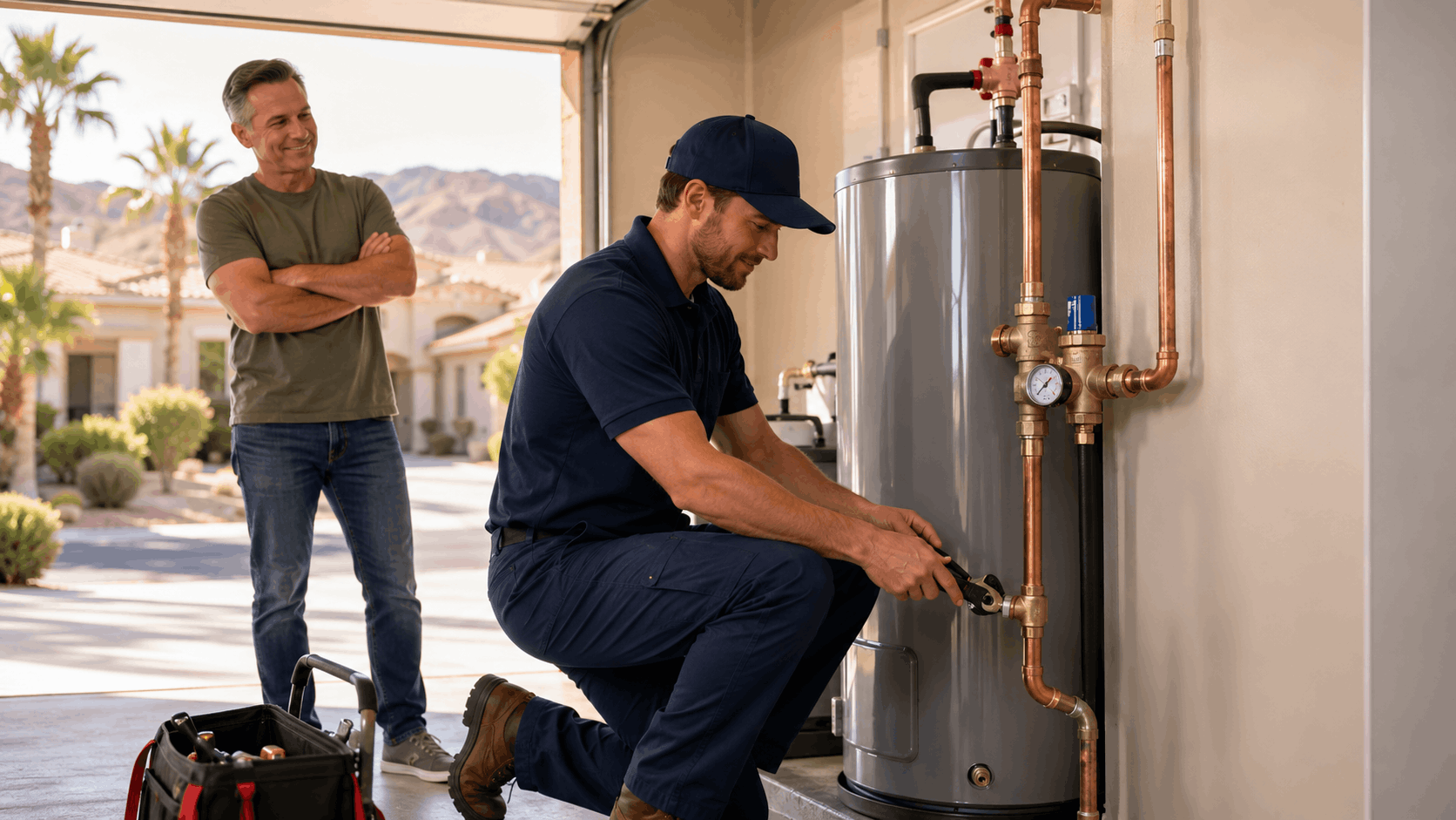 Plumber installing water heater with copper pipes in Las Vegas garage home
