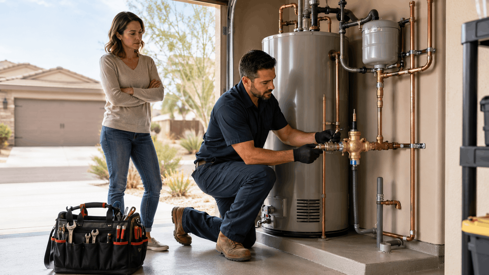 Plumber inspecting water heater valves and copper pipes in Henderson home garage
