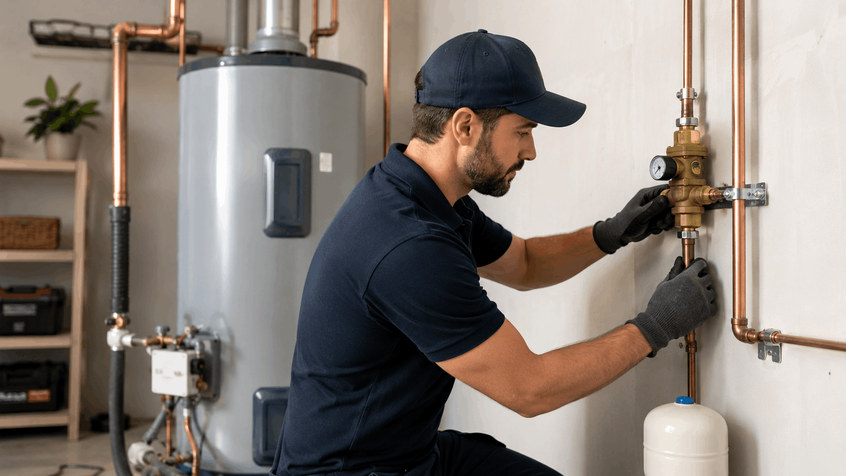 Licensed Las Vegas plumber adjusting brass pressure reducing valve on copper pipes