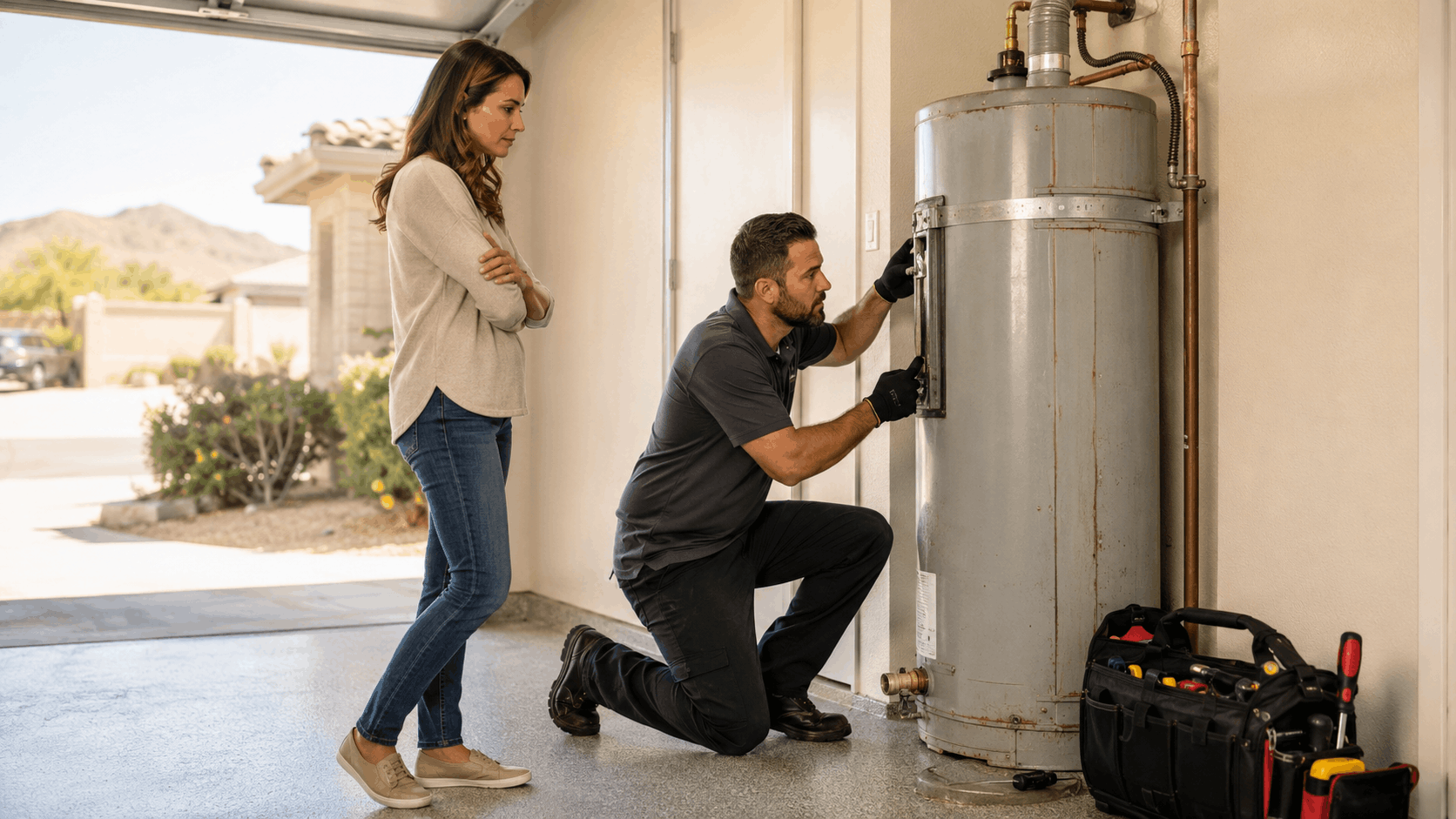 Plumber inspecting aging water heater in Las Vegas garage while concerned homeowner watches