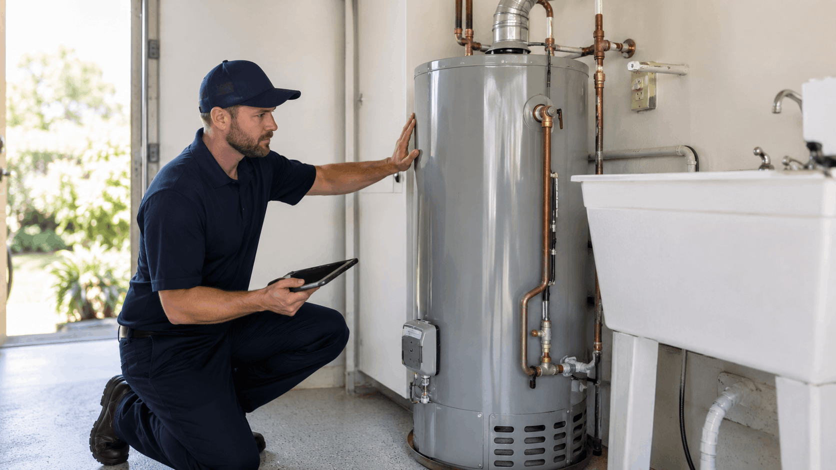Plumber inspecting gas water heater in Las Vegas garage holding digital tablet