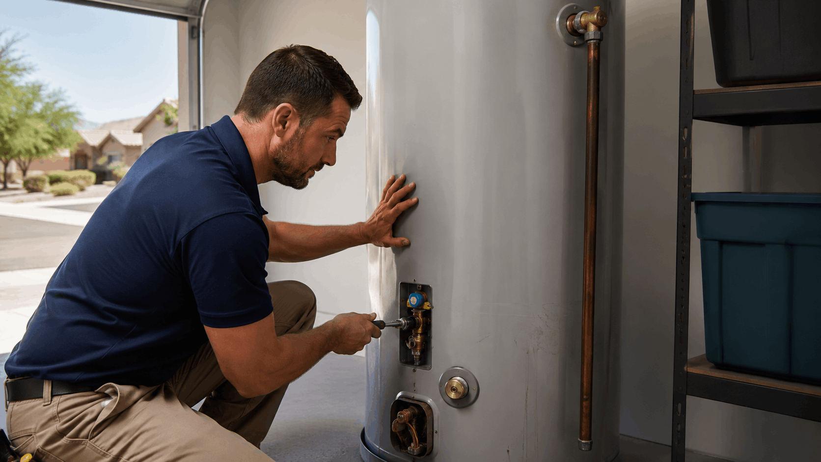 Licensed plumber inspecting and servicing a water heater in a Las Vegas garage