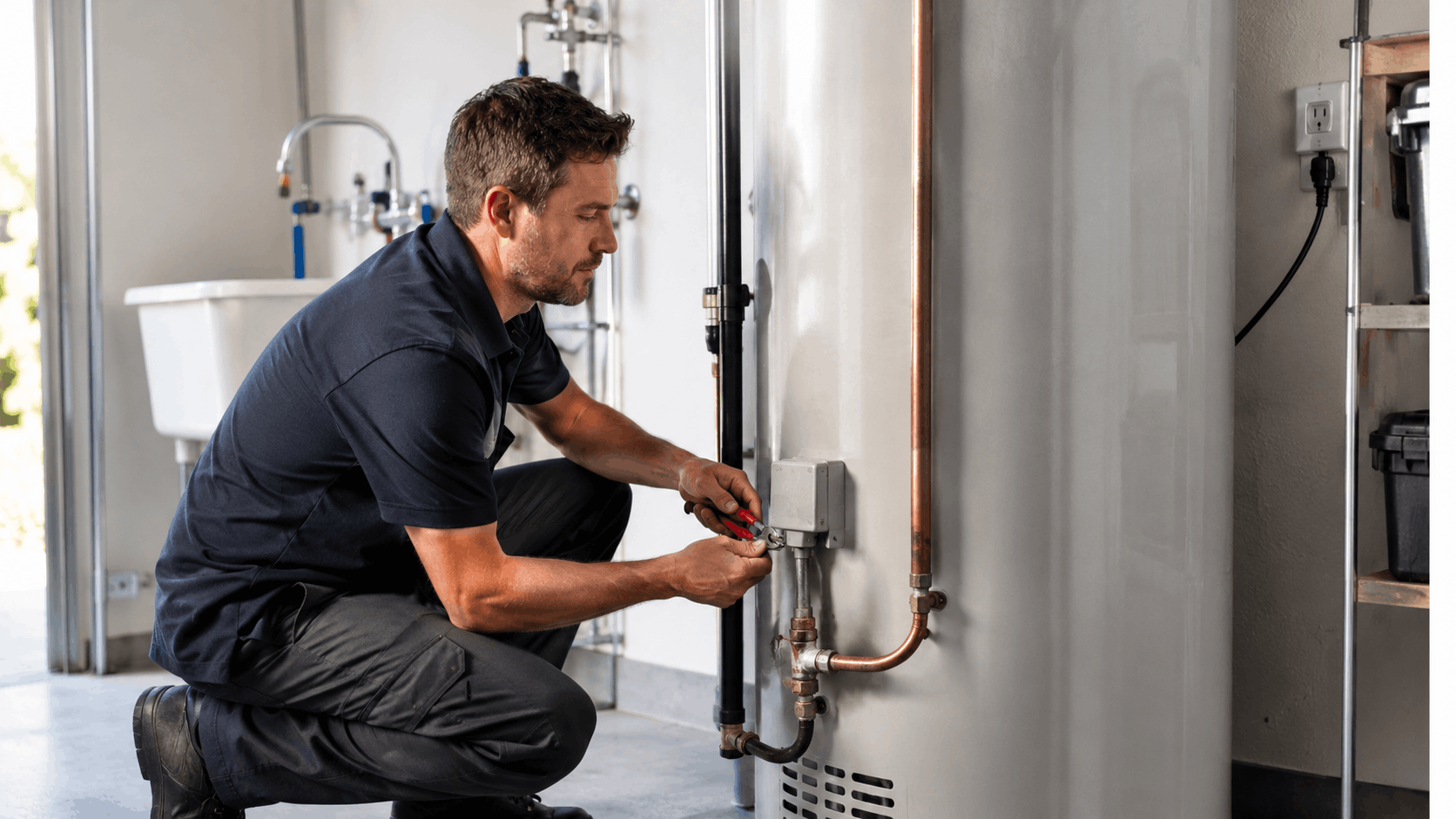 Plumber crouching and using screwdriver to repair water heater pipe connections