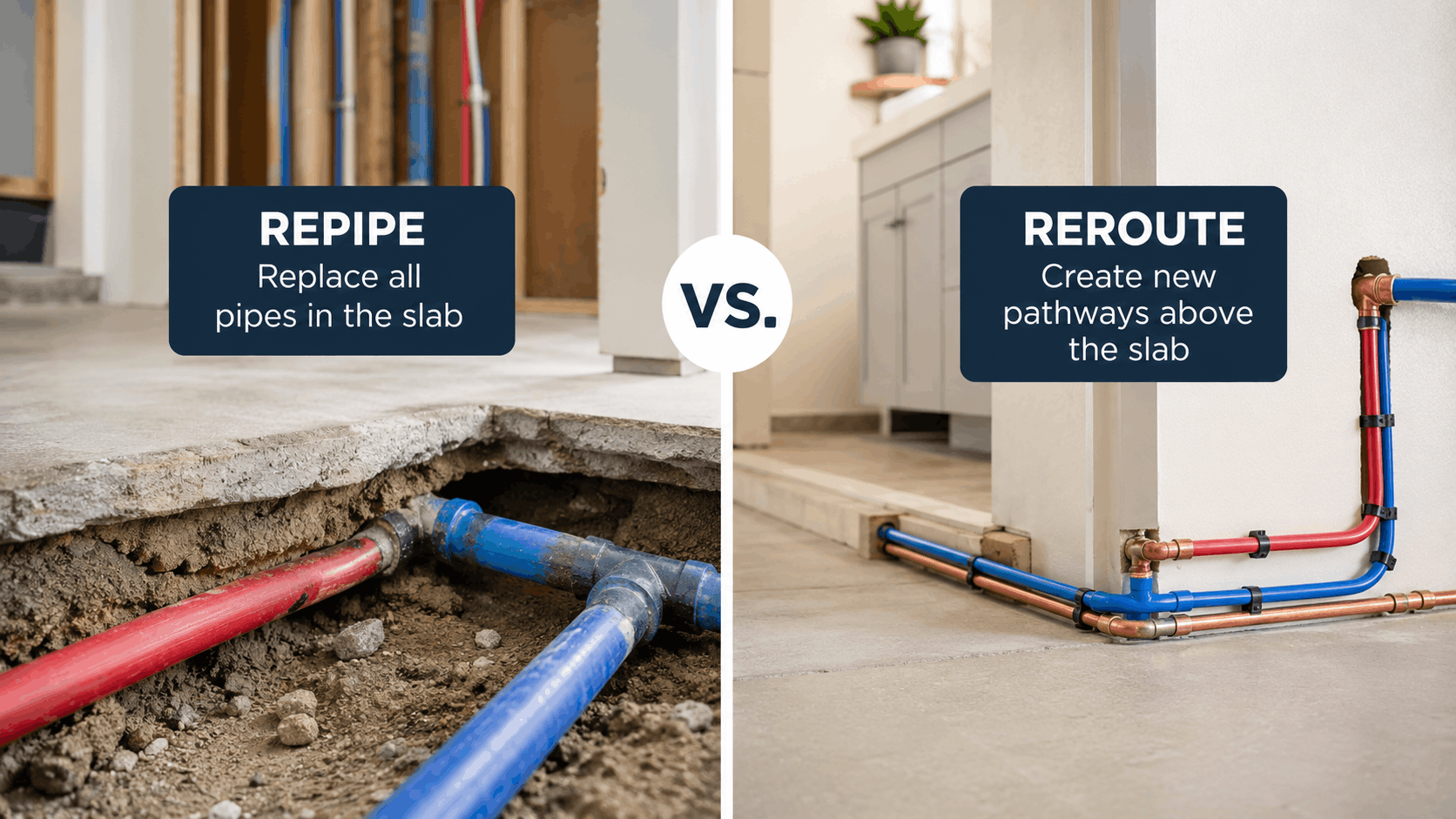 Repipe vs reroute comparison showing excavated slab pipes and above-slab pipe pathways