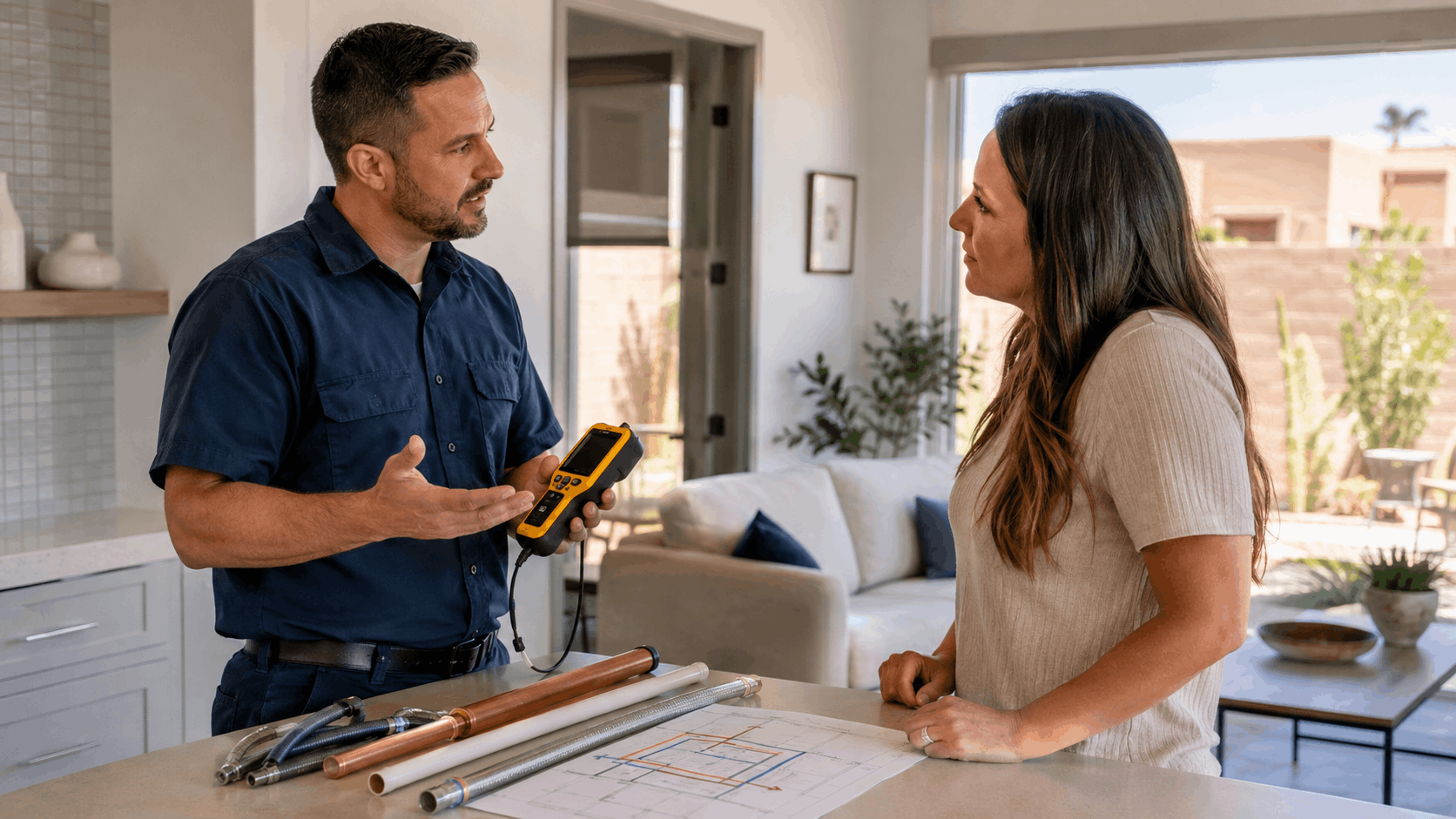 Plumber showing diagnostic device to homeowner with copper pipes and blueprints on counter