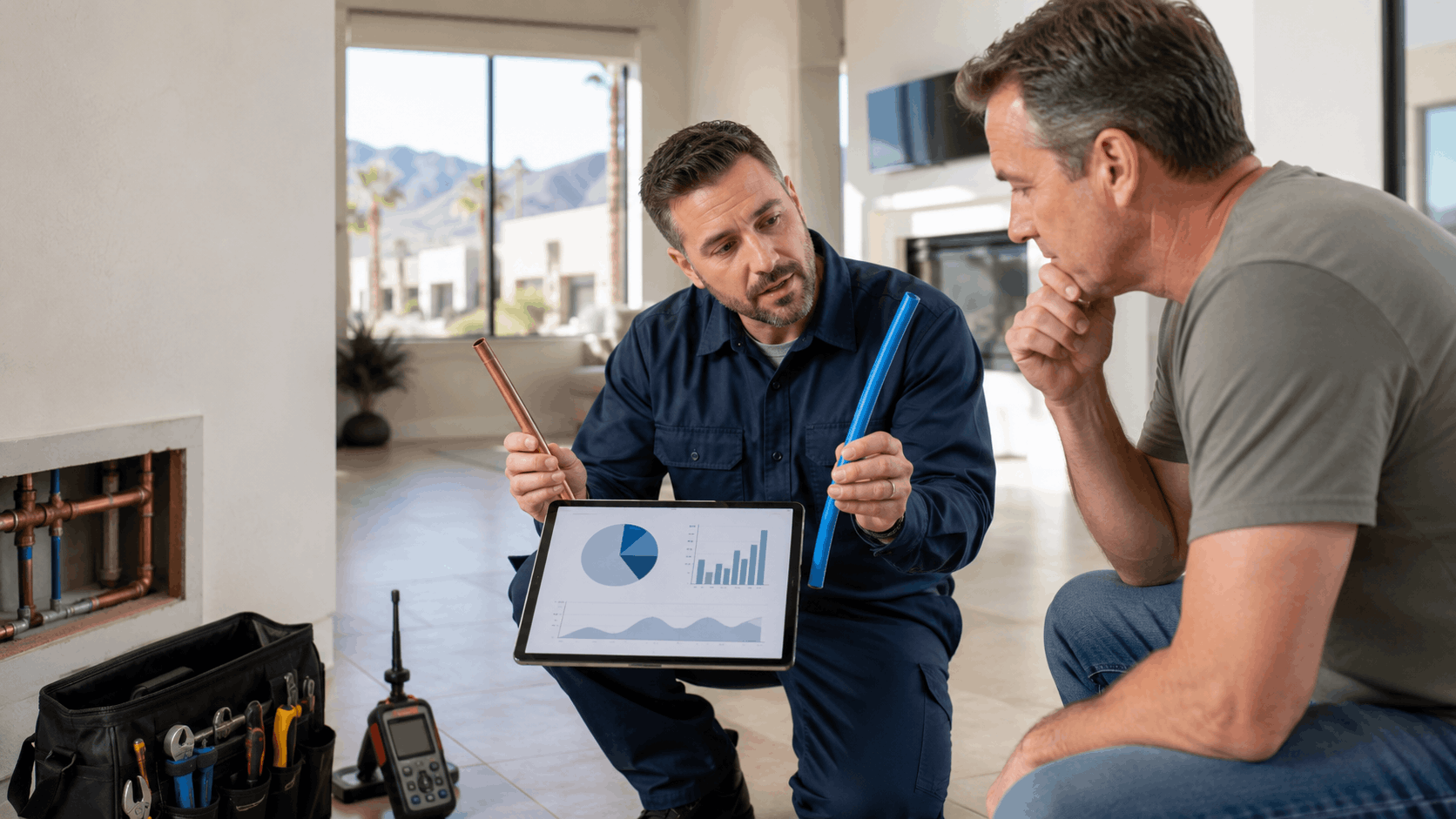Plumber showing homeowner copper vs PEX pipe options on tablet in Las Vegas home