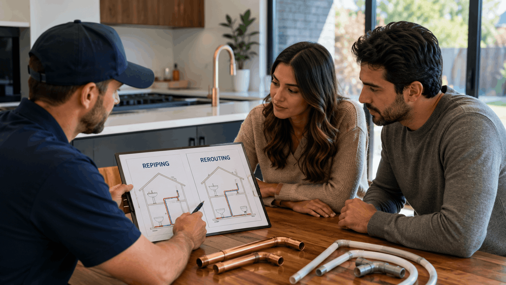 Plumber explaining repiping versus rerouting diagrams to Las Vegas homeowners at kitchen table