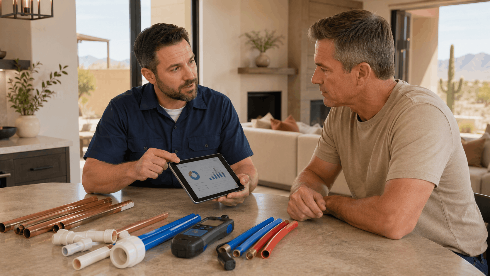 Plumber showing Las Vegas homeowner plumbing pipe options and estimates on tablet