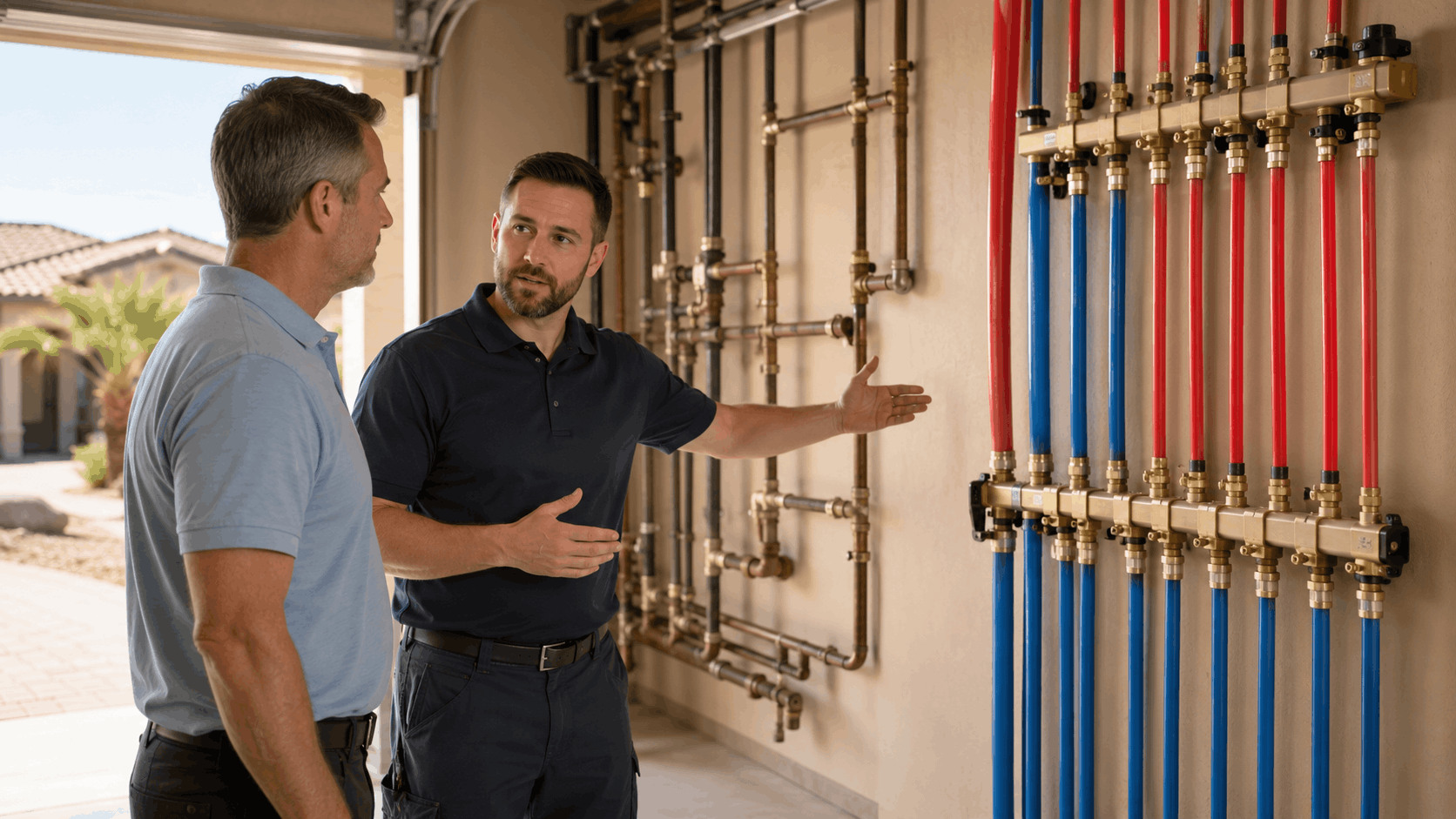 Plumber explaining PEX pipe manifold system to homeowner in Las Vegas garage