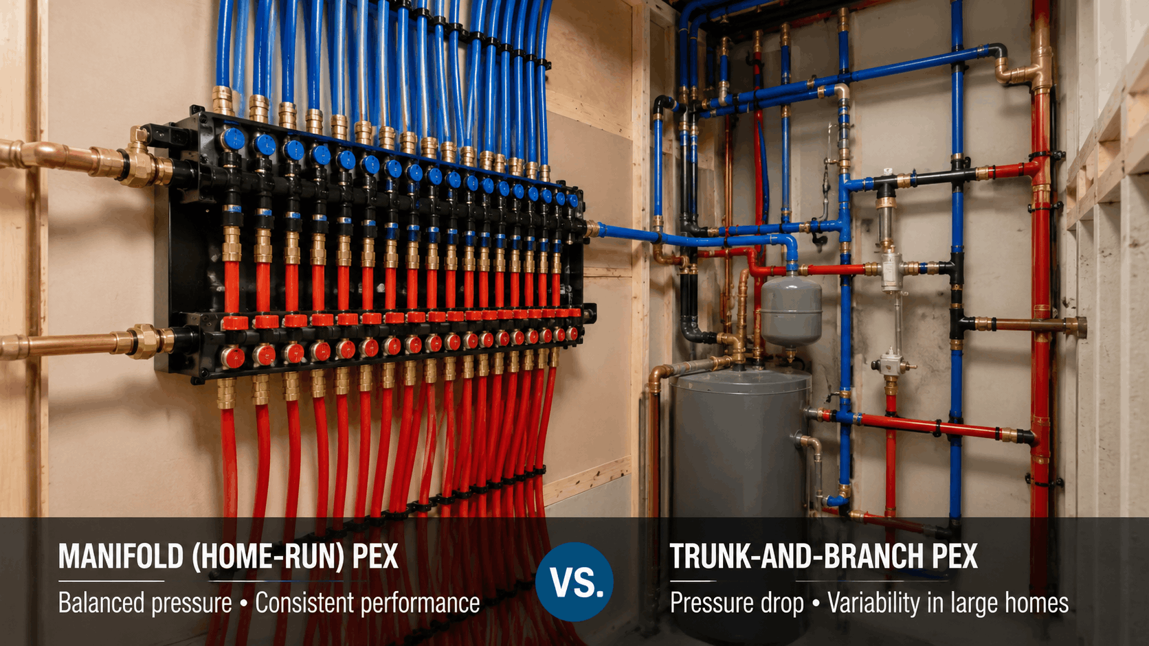 Manifold home-run PEX system versus trunk-and-branch PEX plumbing layout comparison